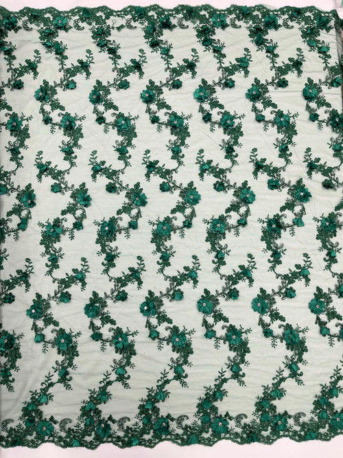3D Lace Flower Fabric - Hunter Green - Embroidered Sequins and 3D Floral Patterns on Lace By Yard