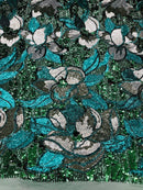 Orchid Design Sequins - Hunter Green - 4 Way Stretch Full Sequins Floral Design Mesh Fabric By Yard