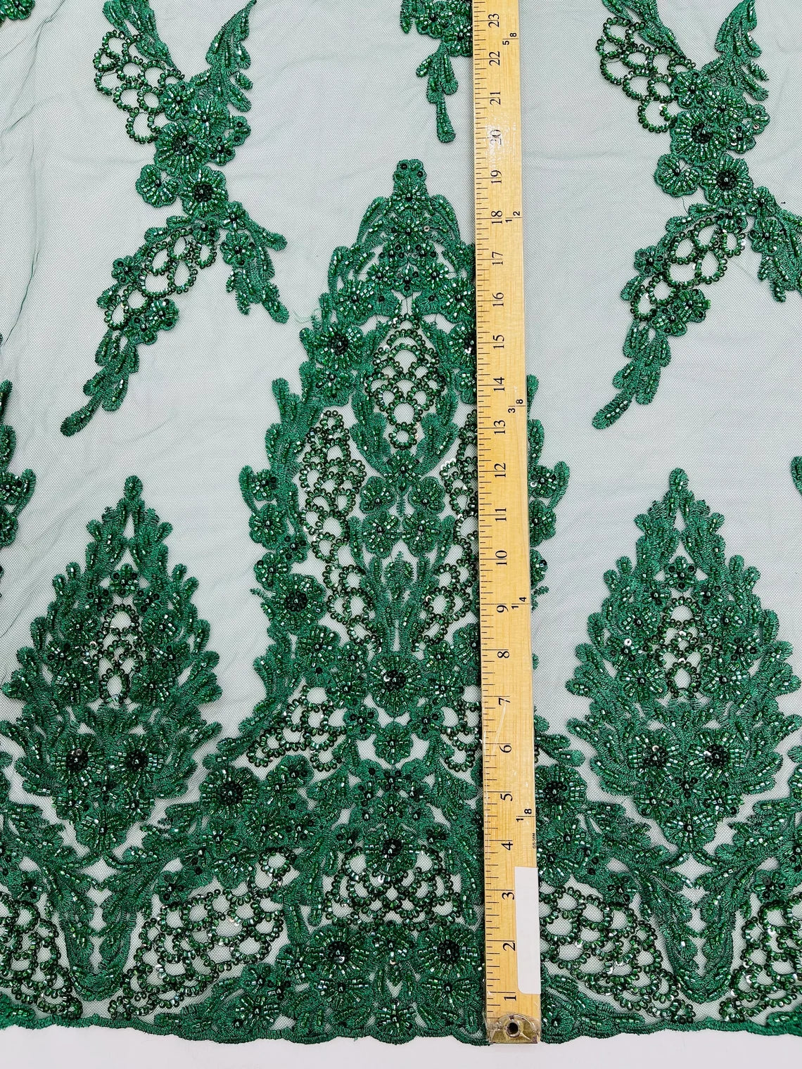 Heavy Bead Floral Fabric - Hunter Green - Beaded Flower Design Fabric Fancy Border By Yard