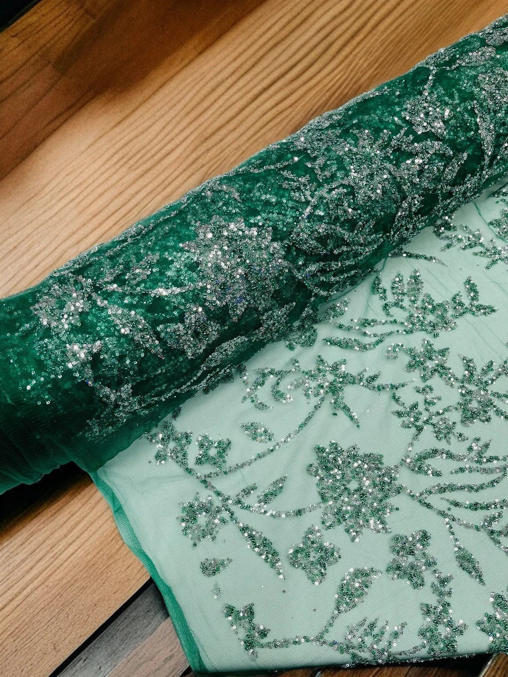 Floral Silver Beaded Fabric - Hunter Green - Flower Design with Silver Beads and Sequins on Lace by Yard