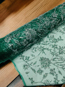 Floral Silver Beaded Fabric - Hunter Green - Flower Design with Silver Beads and Sequins on Lace by Yard
