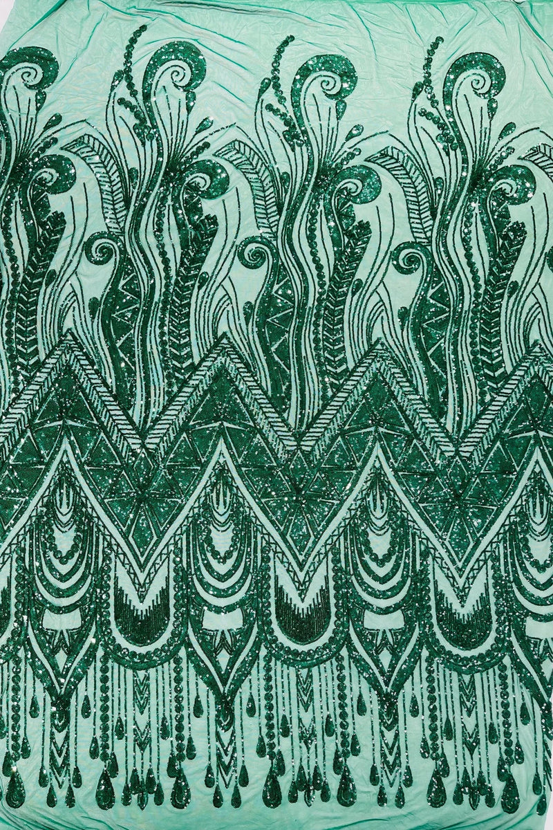 Zig Zag Design Sequins - Hunter Green - 4 Way Stretch Embroidered Zig Zag Sequins Lace Fabric By The Yard