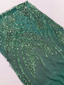 Wavy Leaf Sequins Fabric - Hunter Green - Wavy Lines and Leaves Design on Lace Mesh Fabric by Yard