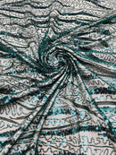 Wavy Design Beaded Fabric - Hunter Green - Beaded Wavy Leaf Embroidered Fabric By Yard