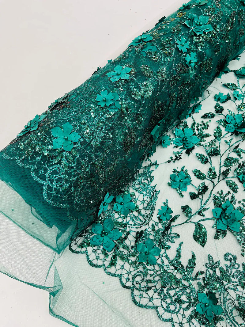 3D Flower Glitter Fabric - Hunter Green - Floral Glitter Sequin Design on Lace Mesh Fabric by Yard