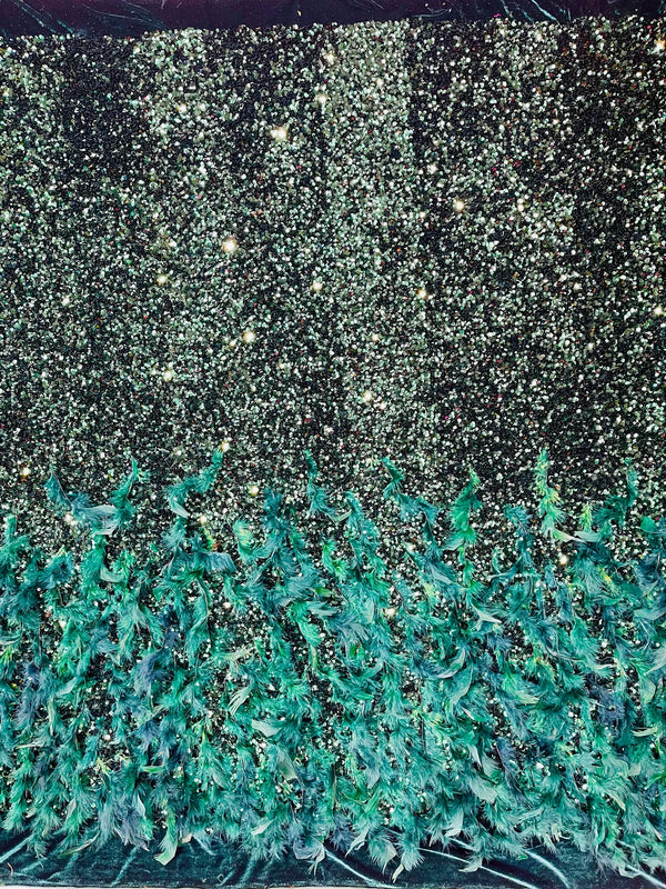 Feather Sequin Velvet Fabric - Hunter Green - 5mm Sequins Velvet 2 Way Stretch 58/60" Fabric By Yard