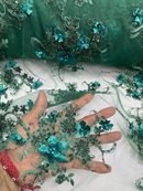3D Flower Sequins Design - Hunter Green - Embroidered Pearl Sequins Floral Clusters Lace Fabric By Yard