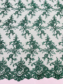 Floral Plant Lace Fabric - Hunter Green - Embroidery Flower Small Leaf Design Lace Fabric Sold By Yard