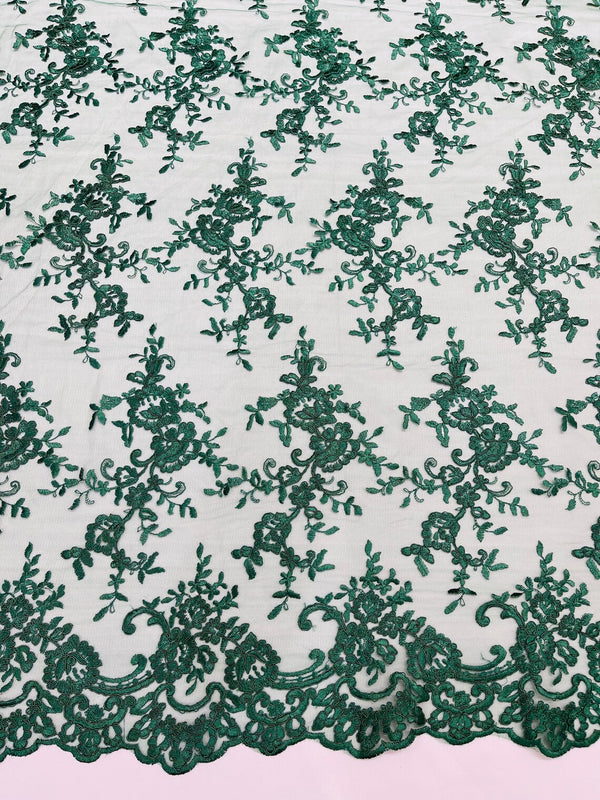 Floral Plant Lace Fabric - Hunter Green - Embroidery Flower Small Leaf Design Lace Fabric Sold By Yard