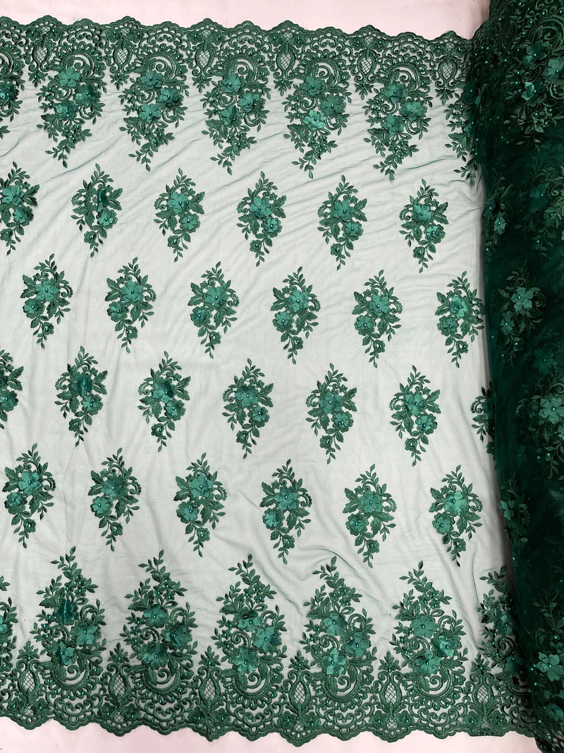 3D Fancy Floral Design Fabric - Hunter Green - 3D Flower Fabric with Small Beads on Lace Sold By Yard