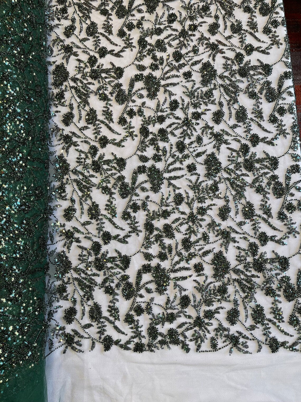 Beaded Floral Plant Design - Hunter Green - Embroidered Beaded Flower Plants Sequins Fabric By Yard