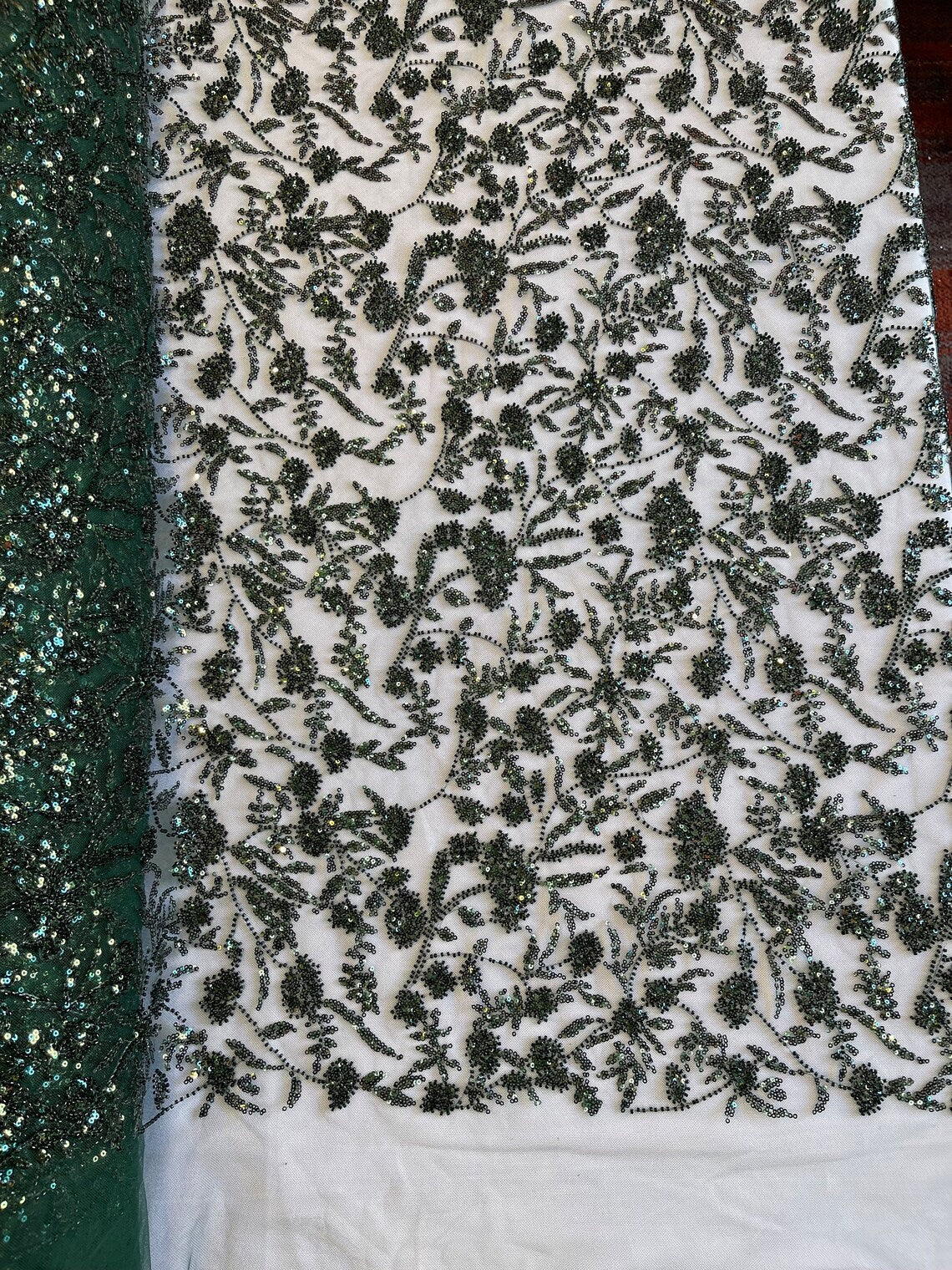Beaded Floral Plant Design - Hunter Green - Embroidered Beaded Flower Plants Sequins Fabric By Yard
