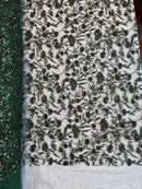 Beaded Floral Plant Design - Hunter Green - Embroidered Beaded Flower Plants Sequins Fabric By Yard