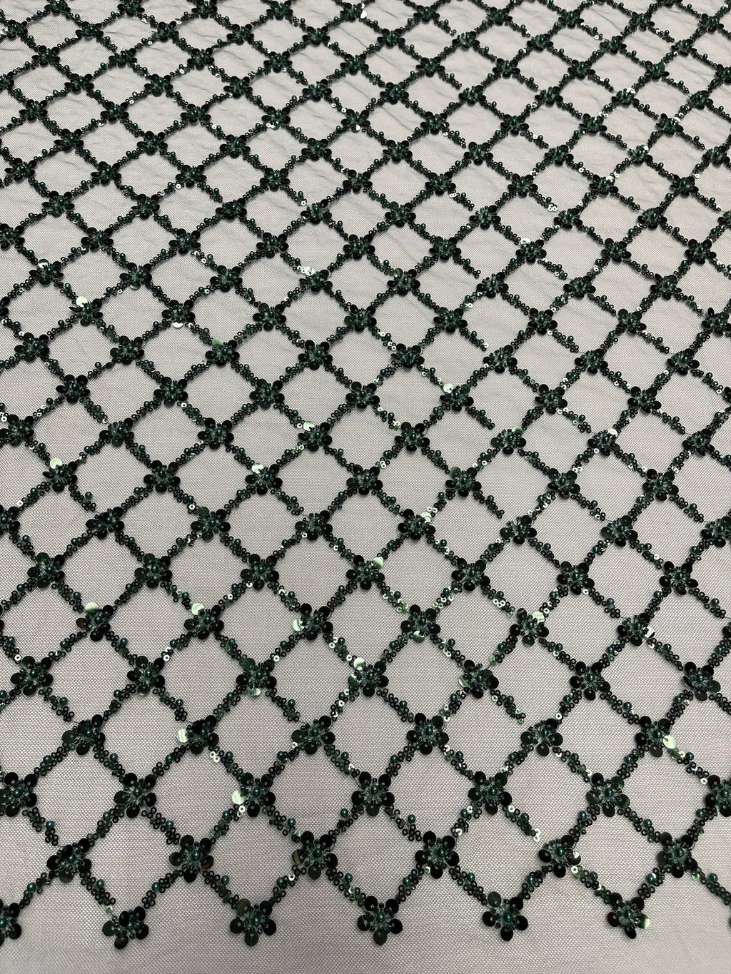 Beaded Diamond Net Fabric - Hunter Green - Embroidered Geometric Beaded Sequins Fabric Sold By Yard