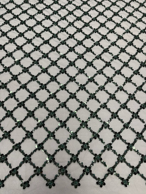 Beaded Diamond Net Fabric - Hunter Green - Embroidered Geometric Beaded Sequins Fabric Sold By Yard