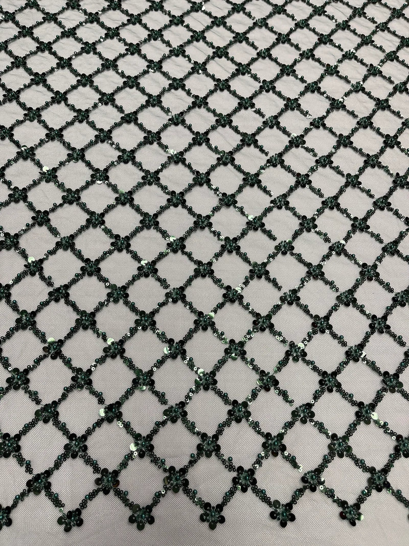 Beaded Diamond Net Fabric - Hunter Green - Embroidered Geometric Beaded Sequins Fabric Sold By Yard