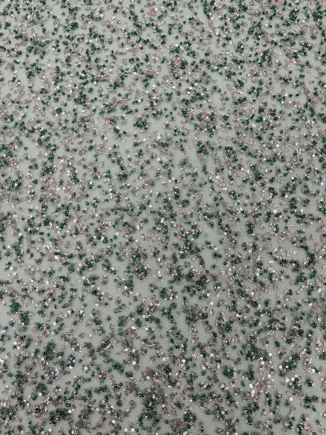 Beads and Sequins Lace - Hunter Green - Embroidered Beads and Sequins on Lace Mesh Fabric By Yard