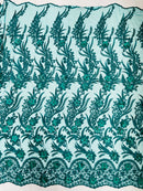 3D Floral Leaf Panels - Hunter Green - Embroidered 3D Flower Lines with Pearls on Lace By Yard