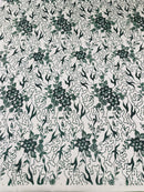 Flower Glitter Fabric - Hunter Green - 3D Floral Tulle Fabric for Wedding, Quinceañera By Yard