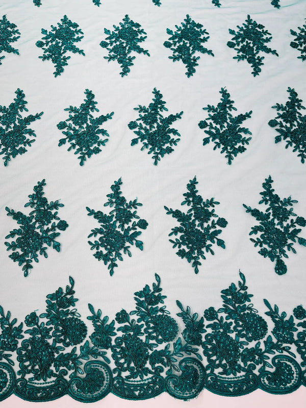 Floral Lace Flower Fabric - Hunter Green - Floral Embroidered Fabric with Sequins on Lace By Yard