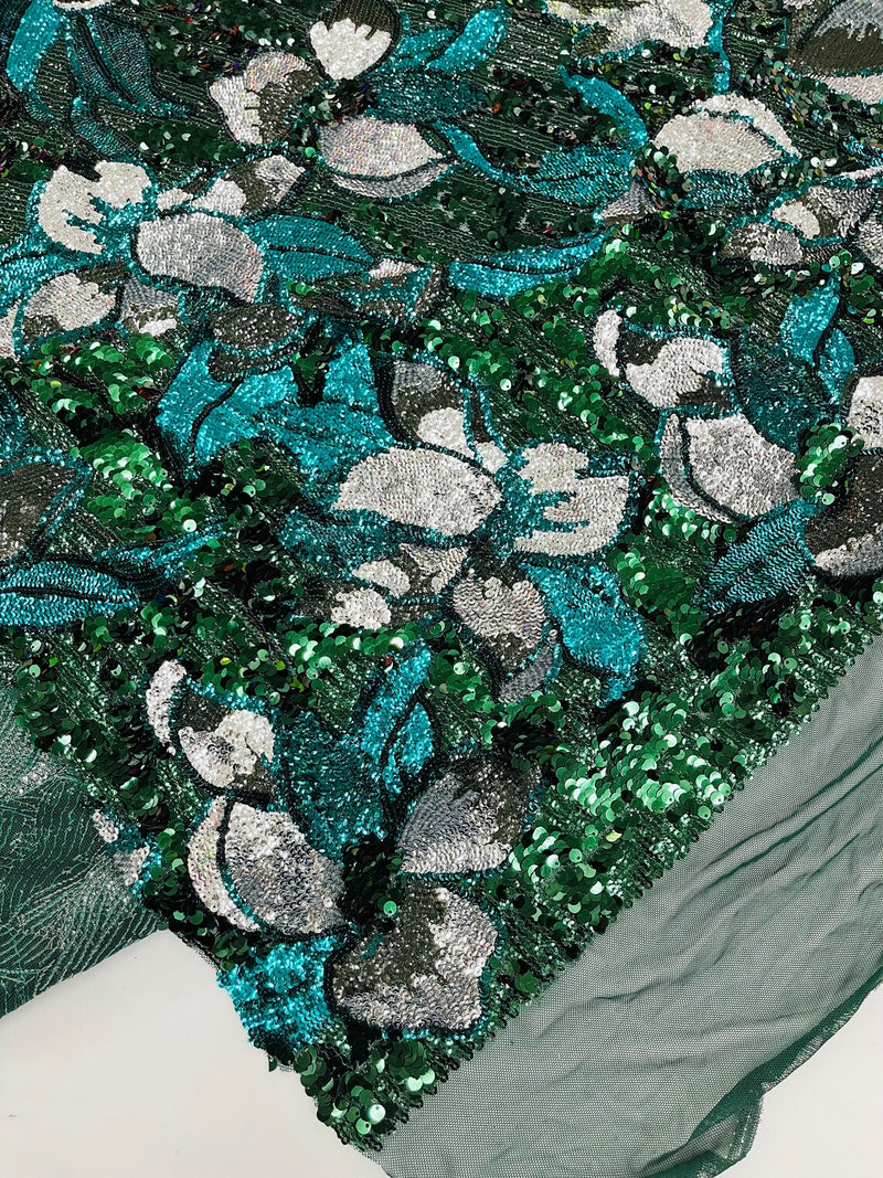 Orchid Design Sequins - Hunter Green - 4 Way Stretch Full Sequins Floral Design Mesh Fabric By Yard