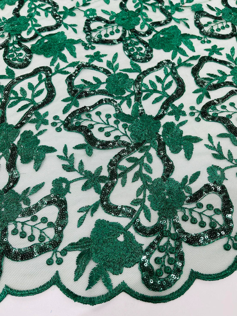 Small Flower Sequins Lace Fabric - Hunter Green - Embroidered Floral Pattern Fabric with Sequins on Lace By Yard