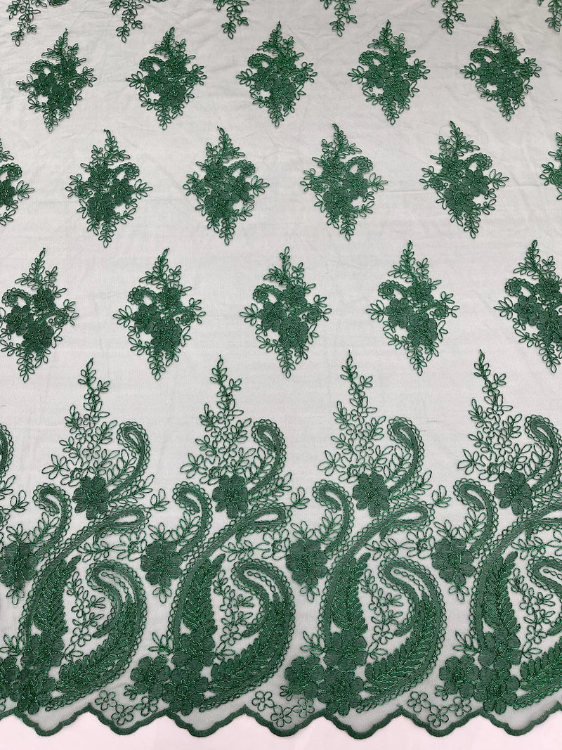 Metallic Corded Lace - Hunter Green - Paisley Floral Fabric with Metallic Thread on a Mesh Lace By Yard