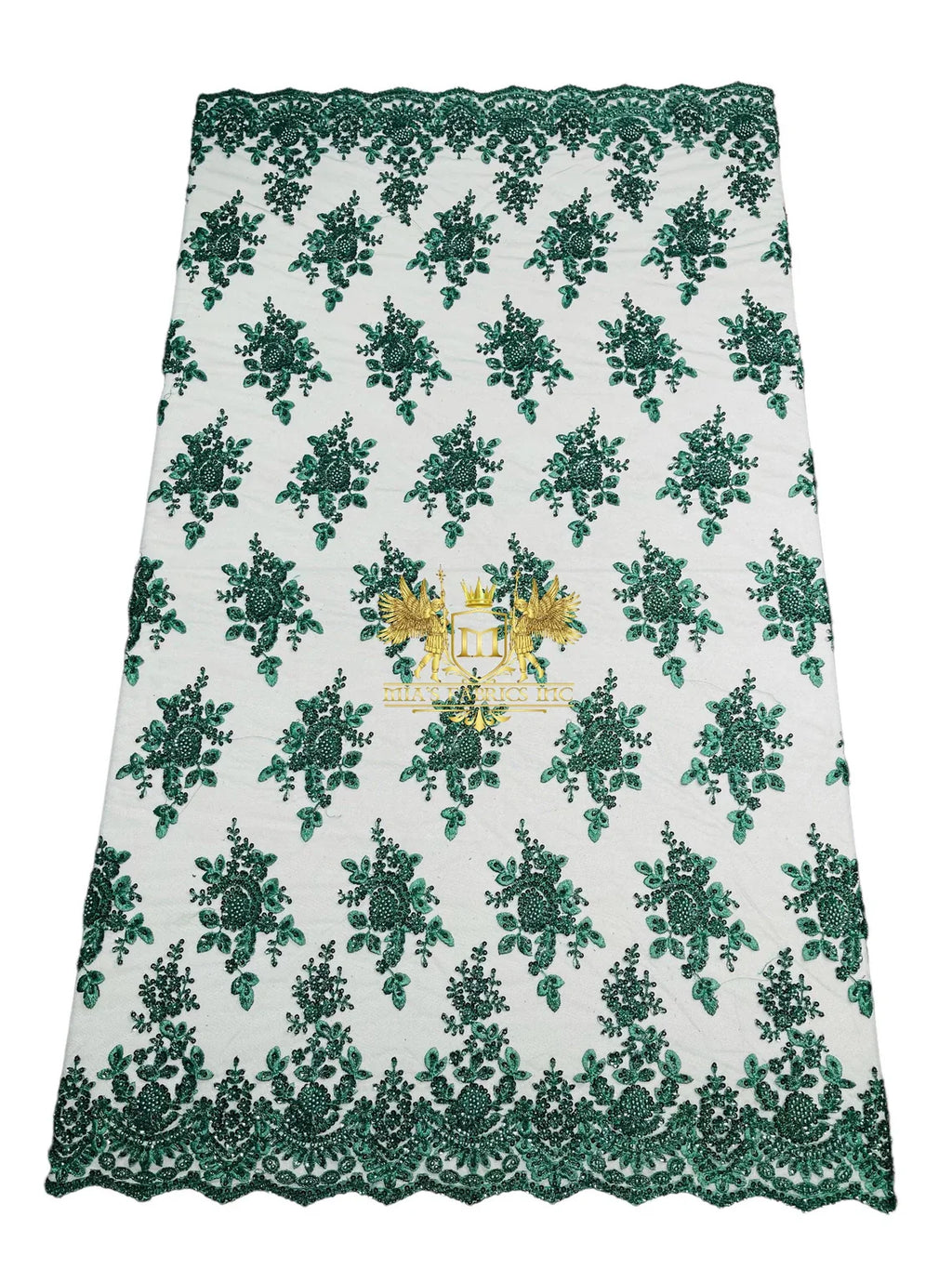 Floral Beaded Fabric - Hunter Green - Embroidered Beaded Flowers Cluster Design on a Mesh Sold By Yard