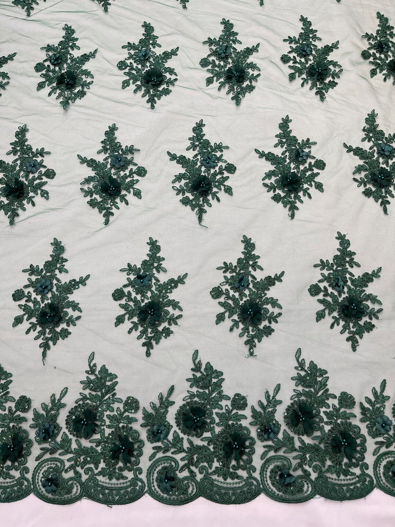 3D Floral Fabric with Floral Border - Hunter Green - Embroidered Floral Fabric with Sequin and Beads By Yard