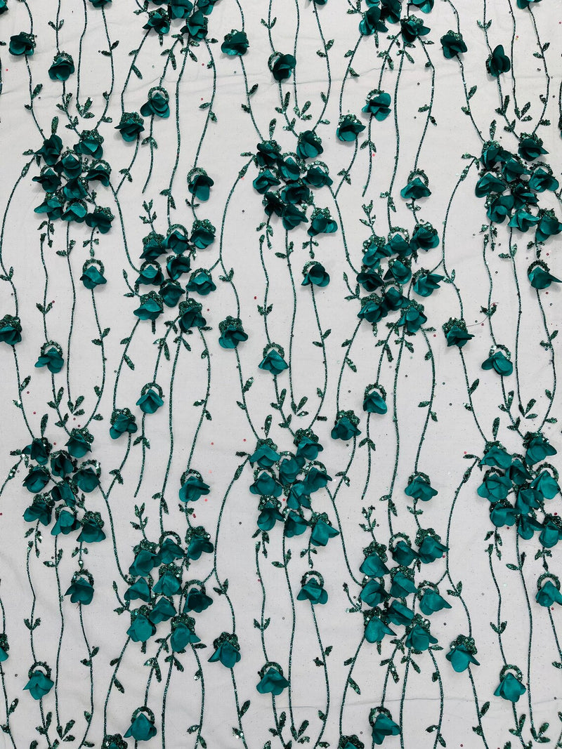 3D Glitter Floral Fabric - Hunter Green - 3D Flowers with Sequins and Glitter on Mesh Sold By Yard