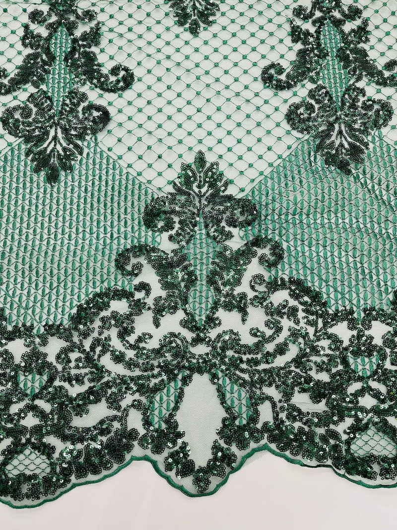 King Damask Design Fabric - Hunter Green - Embroidered Corded Mesh Lace Fabric with Sequins By Yard