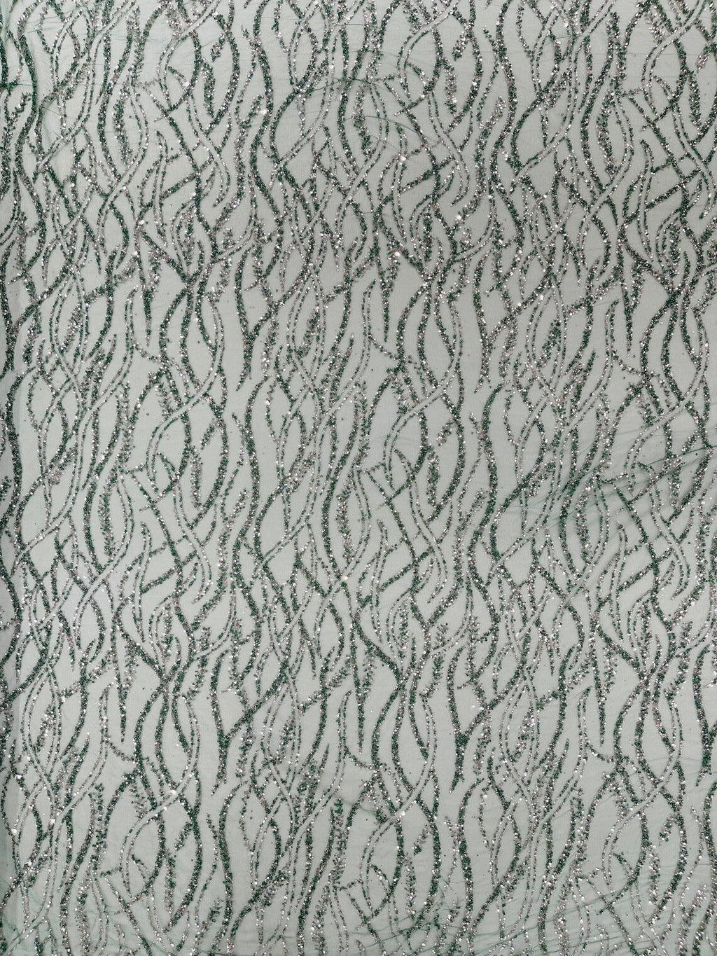 Glitter Wavy Bead Fabric - Hunter Green - Sequins, Bead, Glitter Design on Lace Fabric By Yard