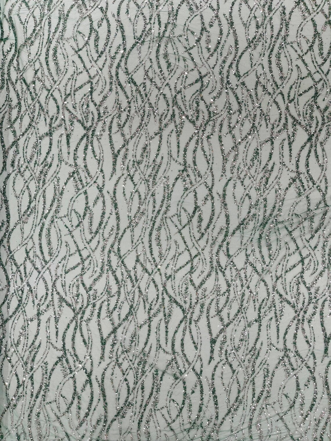 Glitter Wavy Bead Fabric - Hunter Green - Sequins, Bead, Glitter Design on Lace Fabric By Yard