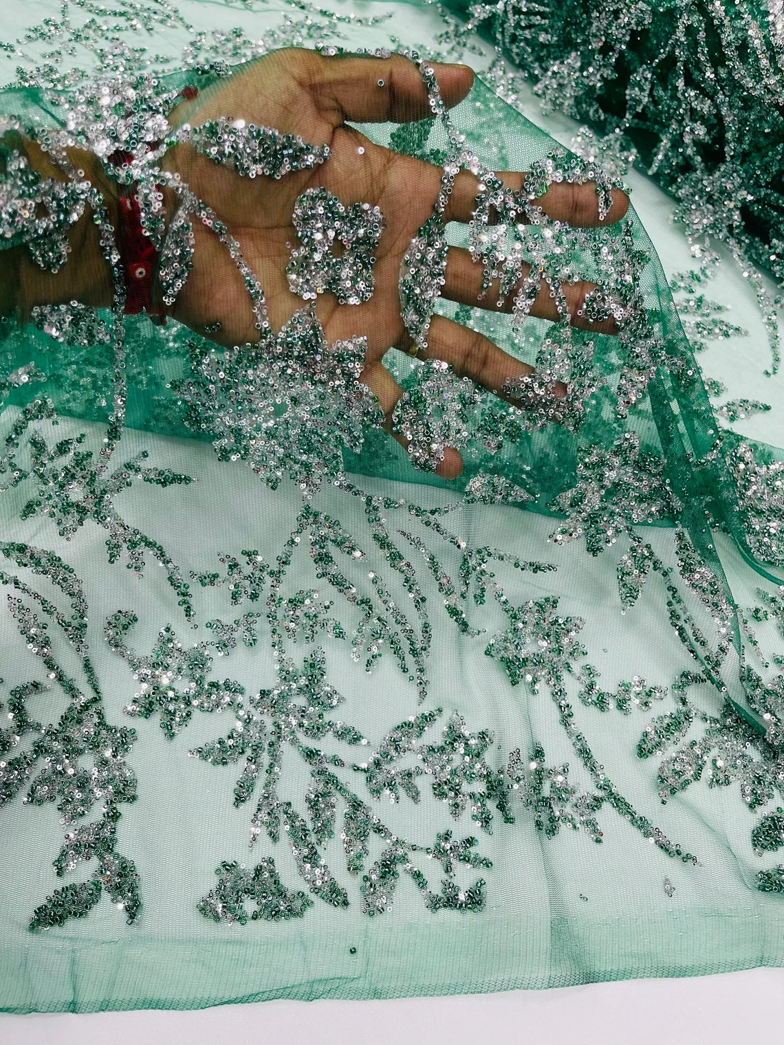 Floral Silver Beaded Fabric - Hunter Green - Flower Design with Silver Beads and Sequins on Lace by Yard