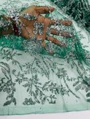 Floral Silver Beaded Fabric - Hunter Green - Flower Design with Silver Beads and Sequins on Lace by Yard