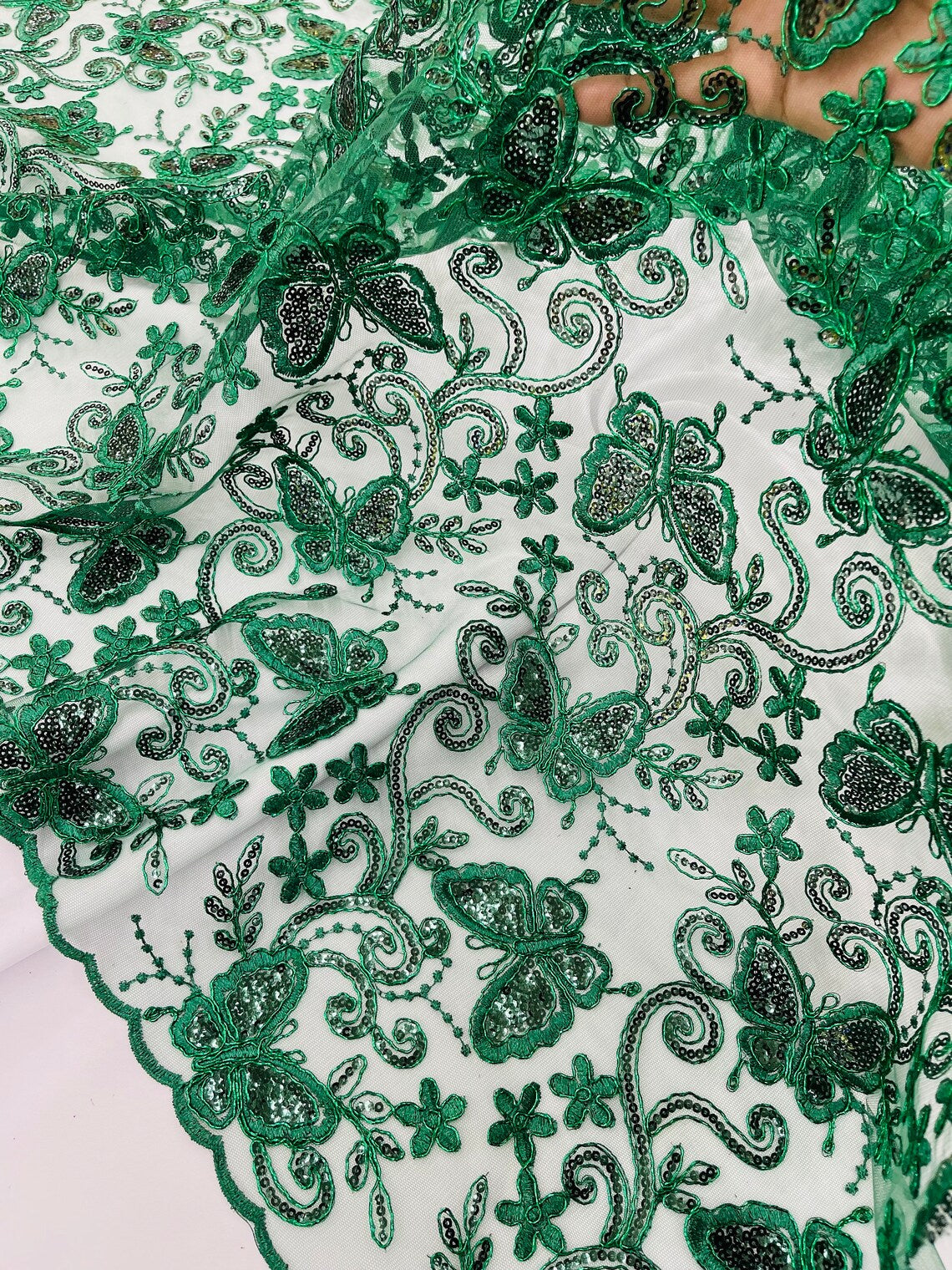 Butterfly Sequins Fabric - Hunter Green - Metallic Floral Butterfly Design on Lace Fabric By Yard