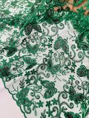 Butterfly Sequins Fabric - Hunter Green - Metallic Floral Butterfly Design on Lace Fabric By Yard
