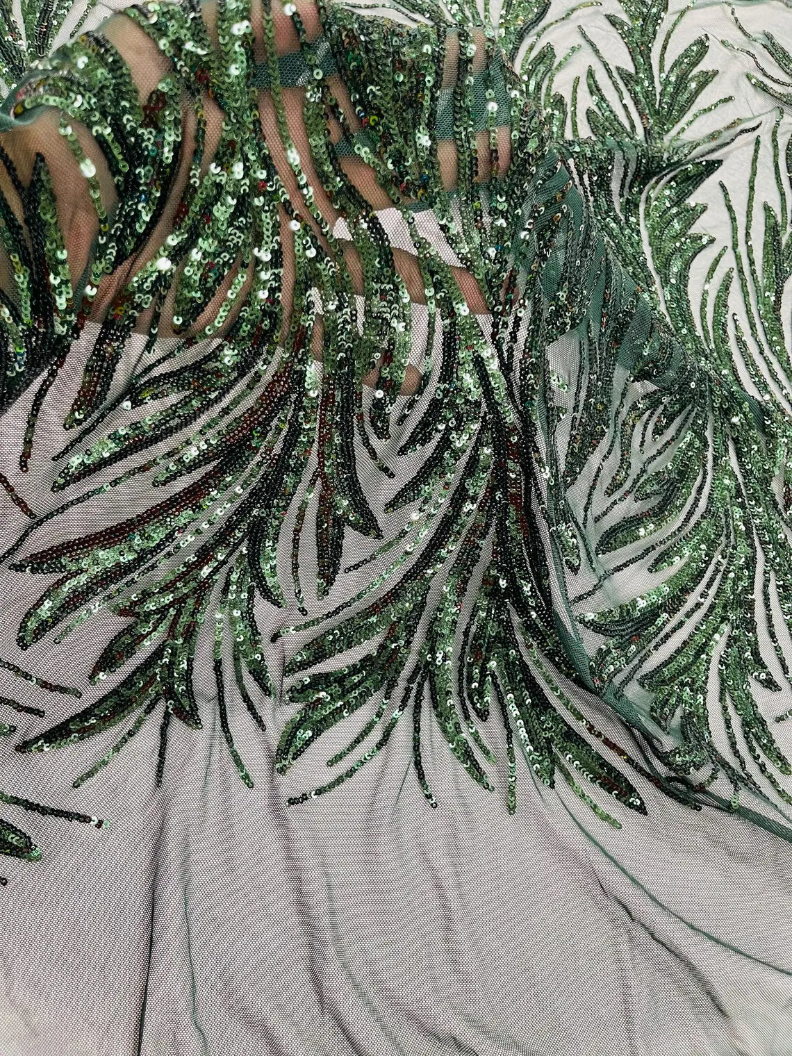 Leaf Design Stretch Sequins - Hunter Green - 4 Way Stretch Lace Mesh Sequins Fabric by Yard
