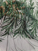 Leaf Design Stretch Sequins - Hunter Green - 4 Way Stretch Lace Mesh Sequins Fabric by Yard