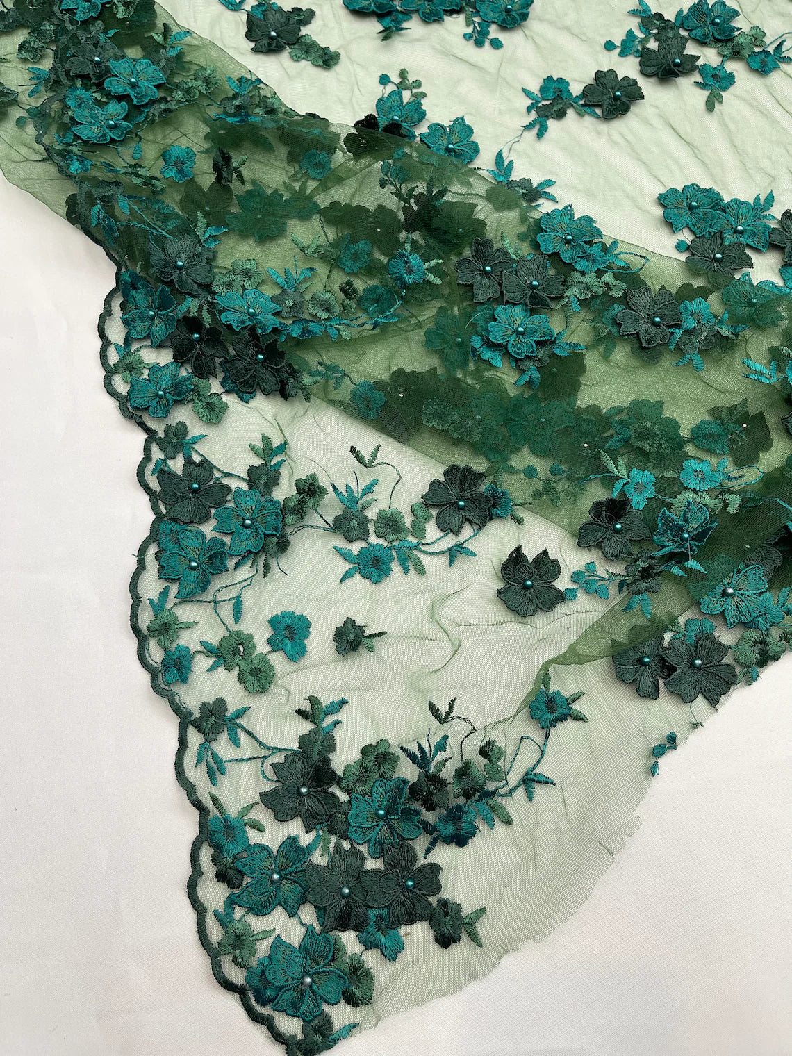 Multi-Color 3D Flower Fabric - Hunter Green - Multi-Tone 3D Flower Lace Fabrics Sold By Yard