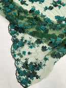 Multi-Color 3D Flower Fabric - Hunter Green - Multi-Tone 3D Flower Lace Fabrics Sold By Yard