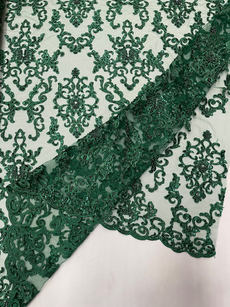 Butterfly Bead Sequins Fabric - Hunter Green - Damask Beaded Sequins Lace Fabric by the yard