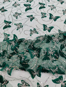 3D Butterfly Beaded Fabric - Hunter Green - Beaded Sequins Butterfly Embroidered Fabric By Yard