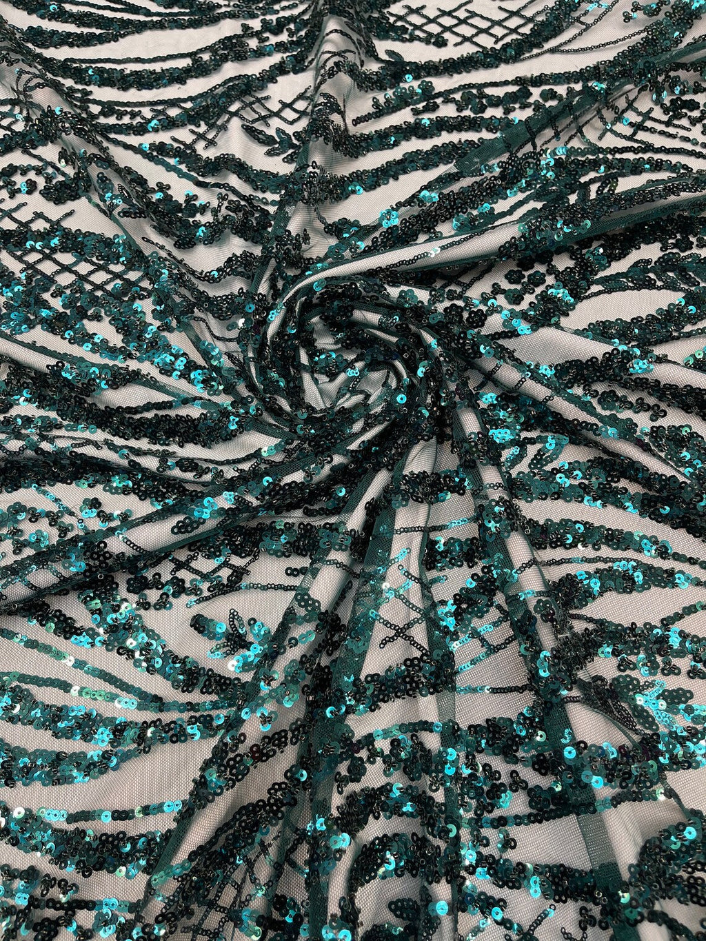 Floral Beaded Wavy Fabric - Hunter Green - Beaded Sequins Wavy Embroidered Fabric Sold By Yard