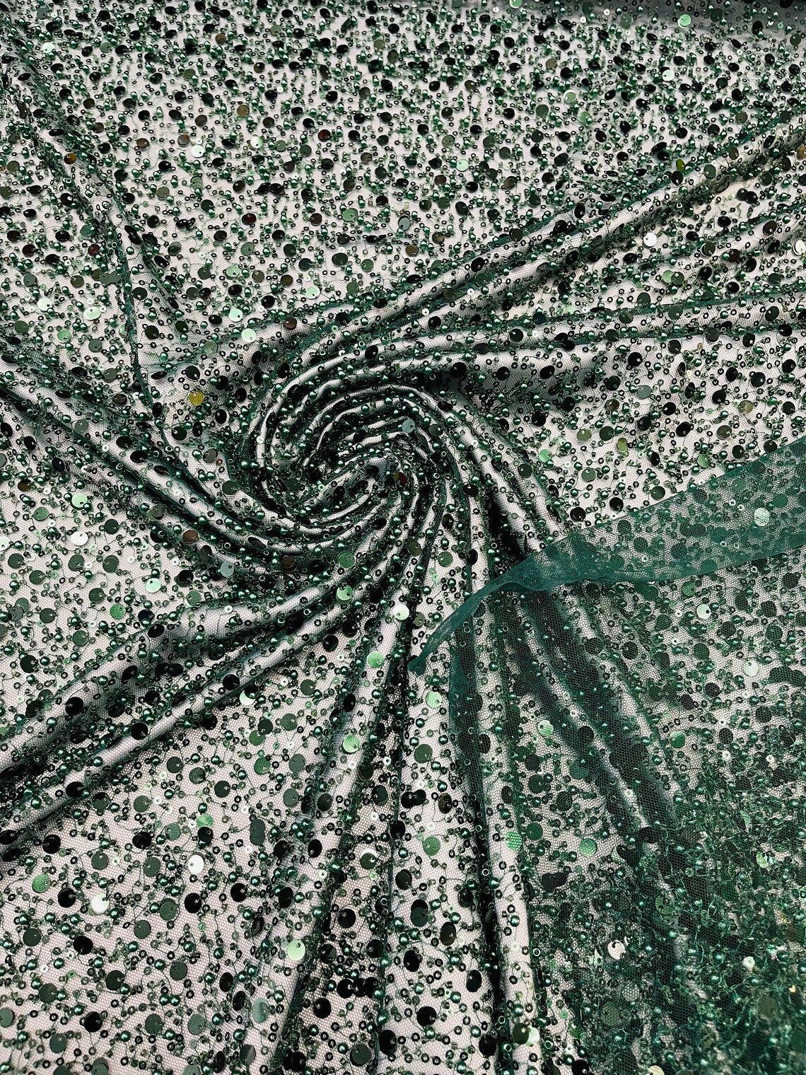 Heavy Duty Sequins Pearl Fabric - Hunter Green - Heavy Handmade Embroidery Lace with Sequins All Over By Yard