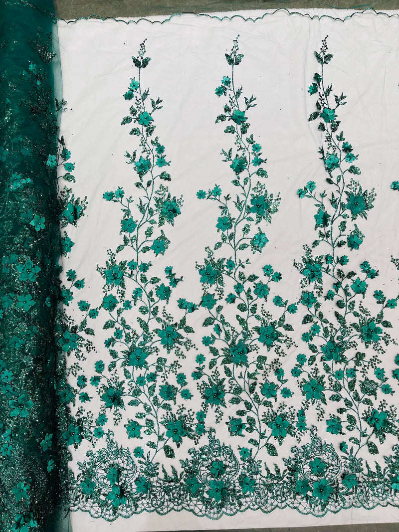 3D Flower Glitter Fabric - Hunter Green - Floral Glitter Sequin Design on Lace Mesh Fabric by Yard