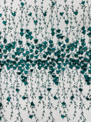 3D Flower Glitter Fabric - Hunter Green - Flower Design on Glitter Mesh Fabric Sold By Yard