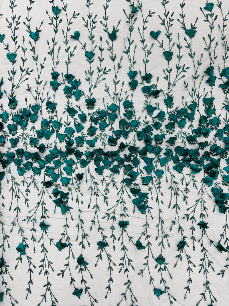 3D Flower Glitter Fabric - Hunter Green - Flower Design on Glitter Mesh Fabric Sold By Yard