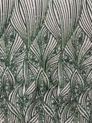 Curvy Line Design Fabric - Hunter Green - 4 Way Stretch Sequins Design Mesh Lace Fabric by Yard