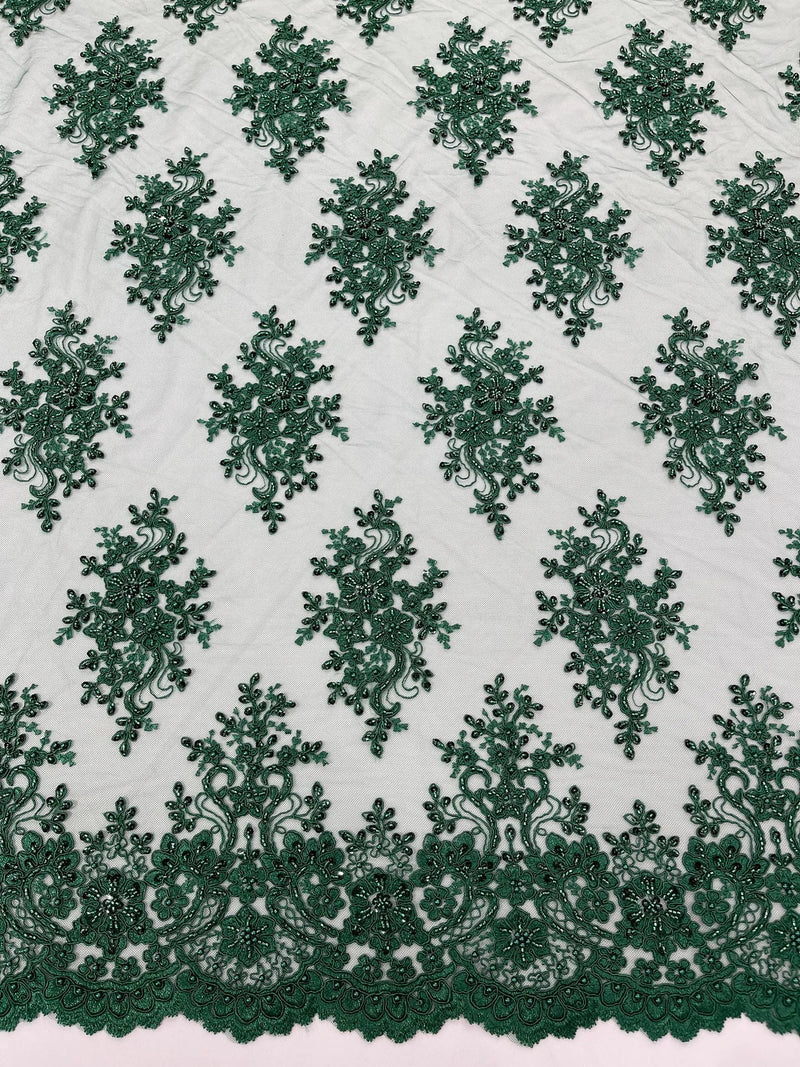 Floral Pearl Bead Fabric - Hunter Green - Flower Design with Beads and Sequins Fabric Sold By Yard